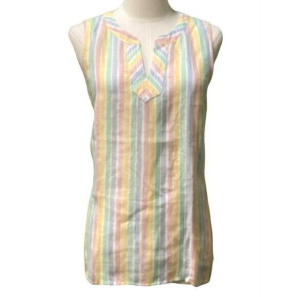 Talbots Sleeveless Notched Jewel Neck 100% Linen Multicolor Striped Size S/P - Picture 1 of 5